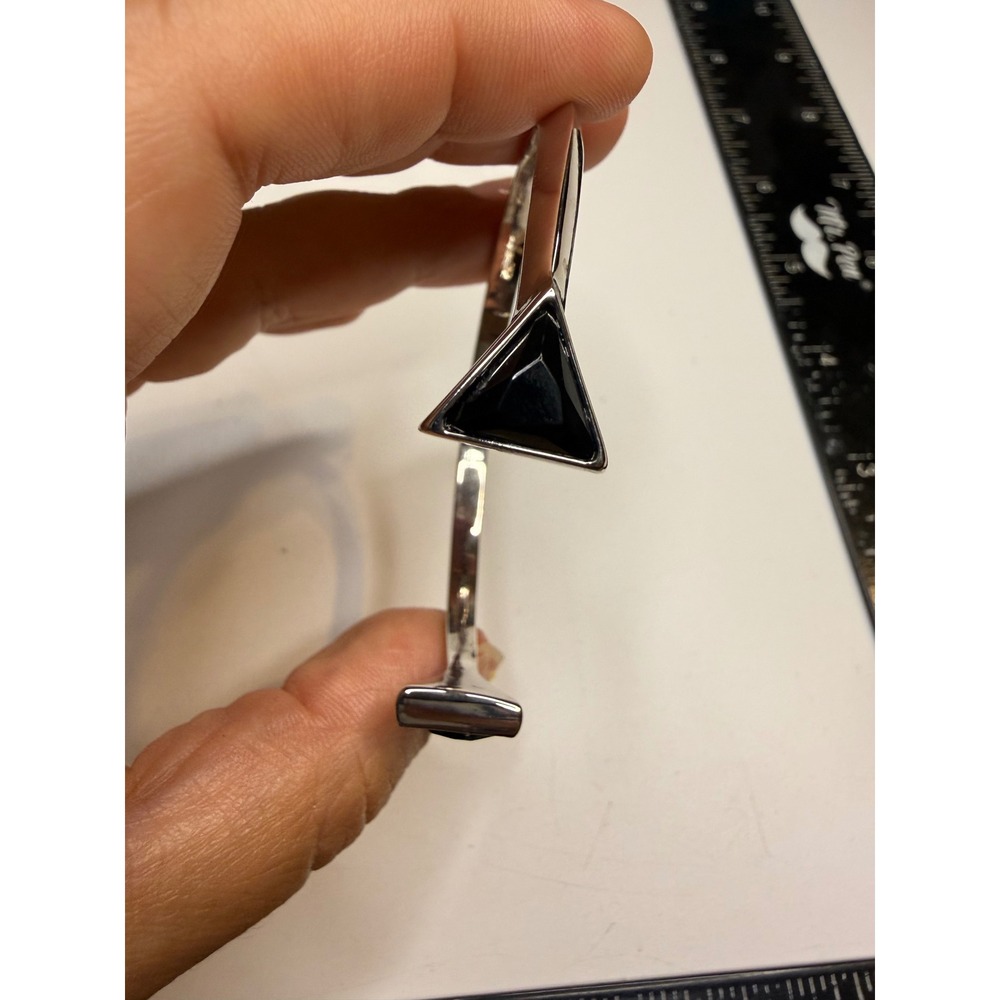 Silver Tone Black Triangle Geometric Open Cuff Bypass Bracelet Modernist